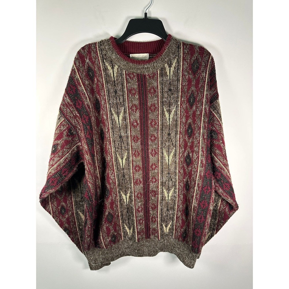 J.J. Cochran Sweater Mens XL Geometric Knit Crewneck Brown Burgundy Pullover